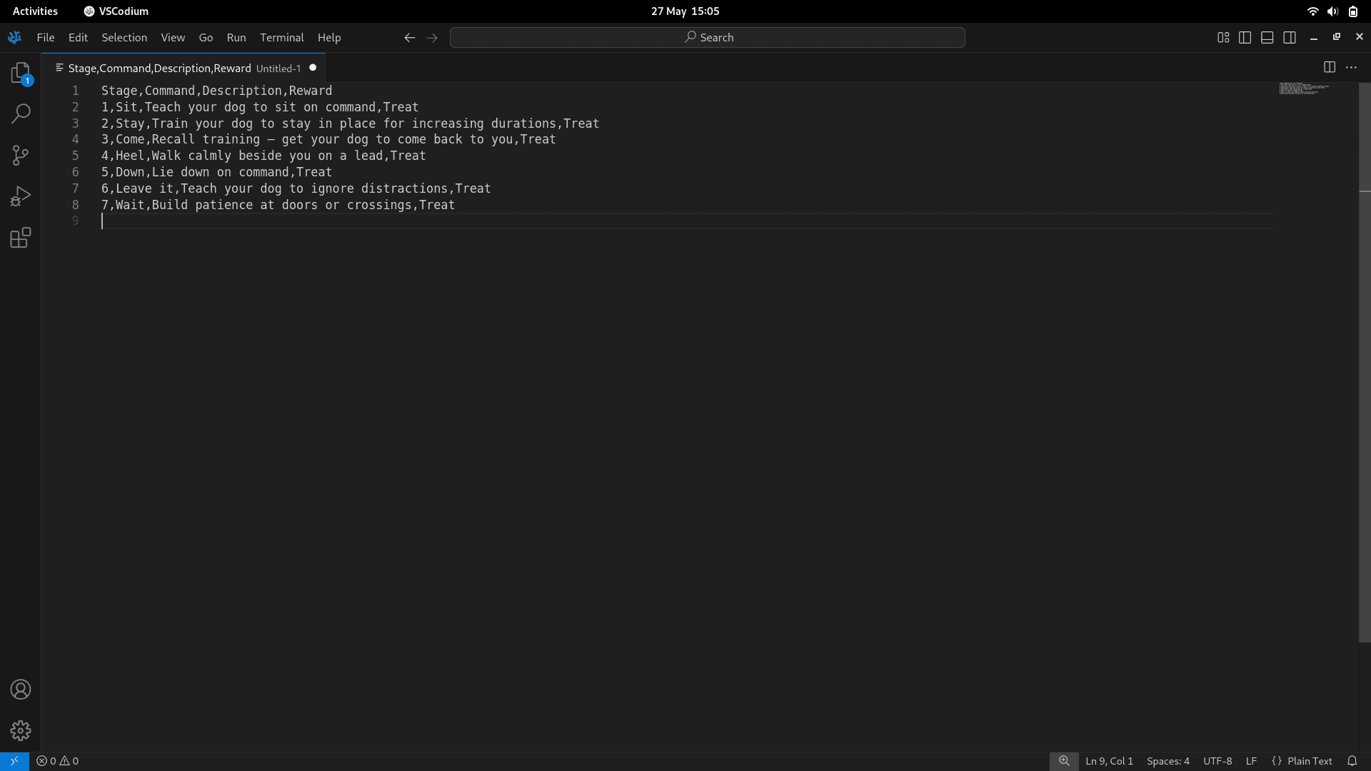 Creating the CSV file in a plain text editor like VSCodium
