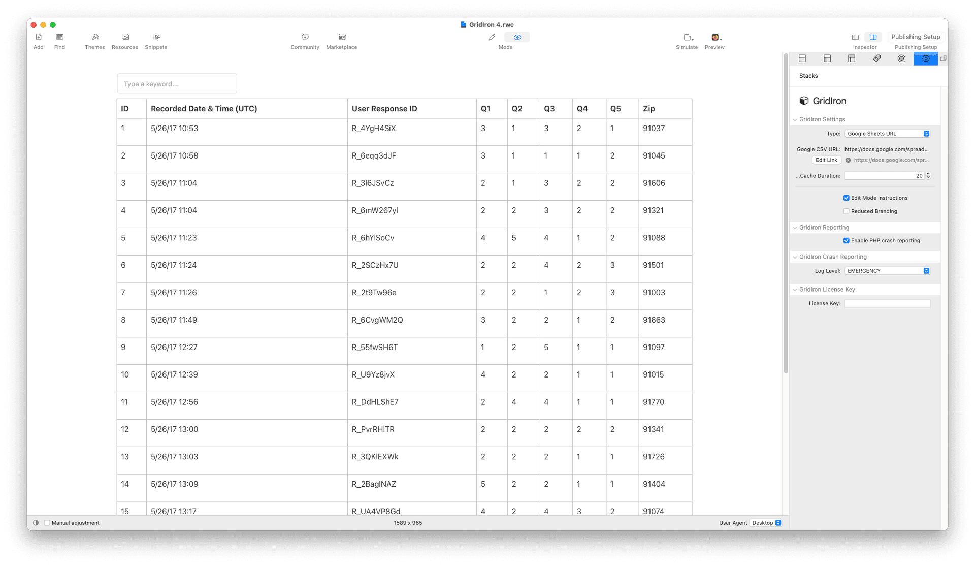 Imported data from Google Sheets showing in RapidWeaver preview
