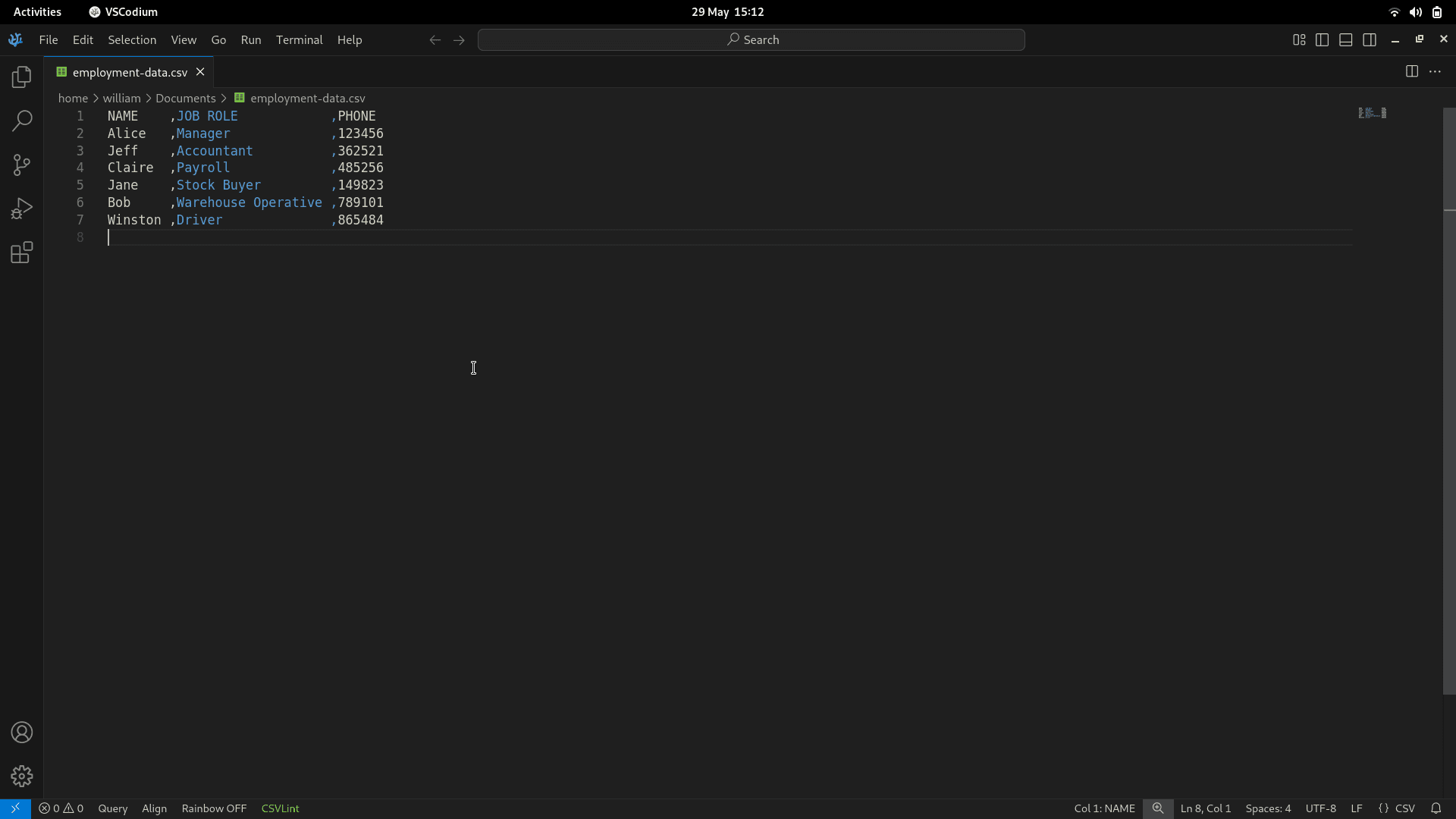 Working with CSV data in VSCododium